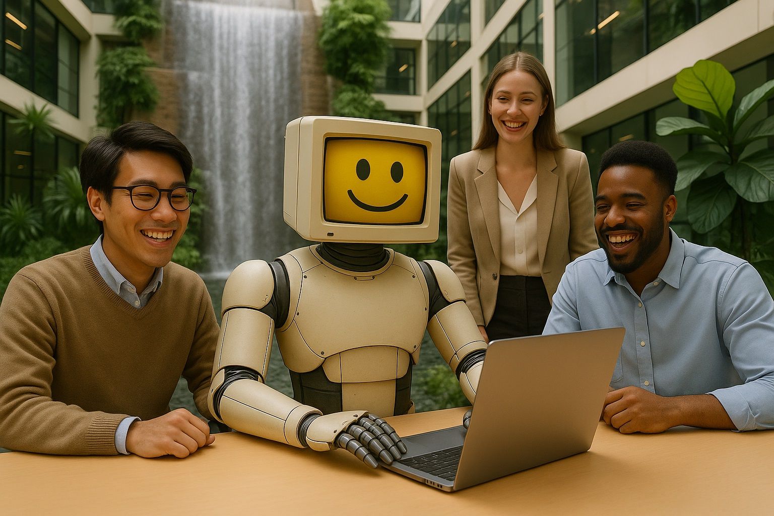 Business professionals confidently managing operations with AI assistance