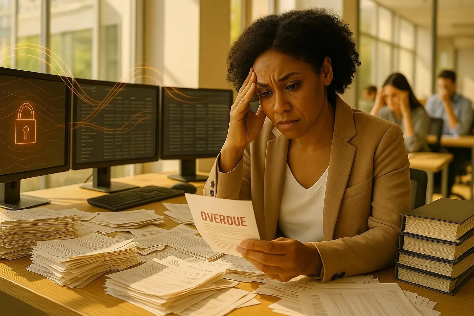 Business professional looking stressed while working at desk