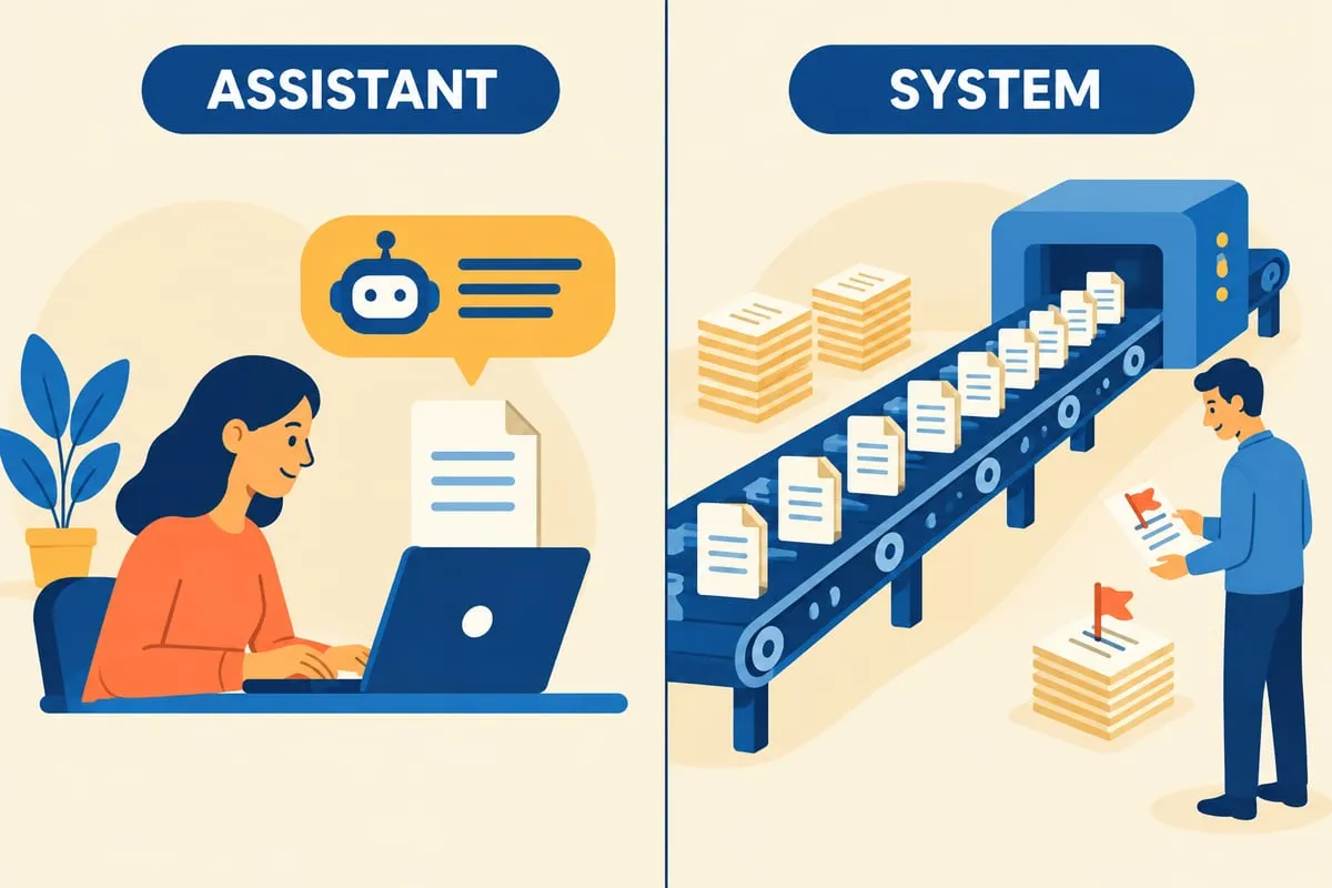 An AI assistant helping one person with one document, beside an AI system processing a stream of documents while a person checks the few that are flagged