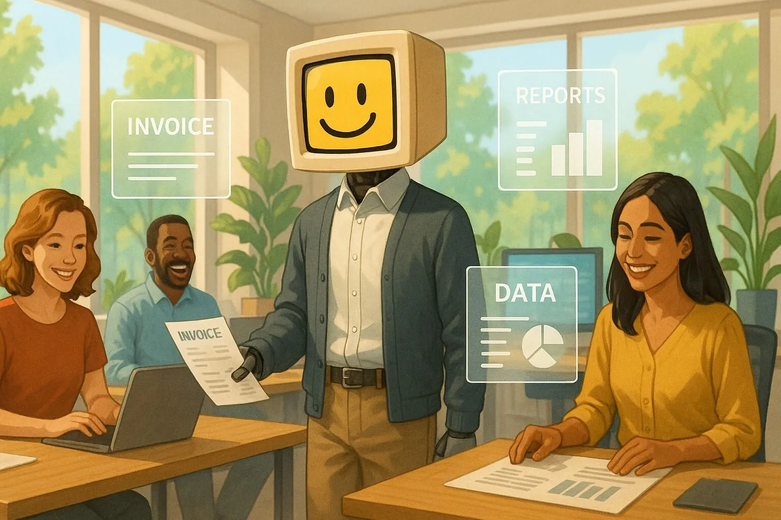 Winston the Robot helping a business owner understand AI chatbot costs