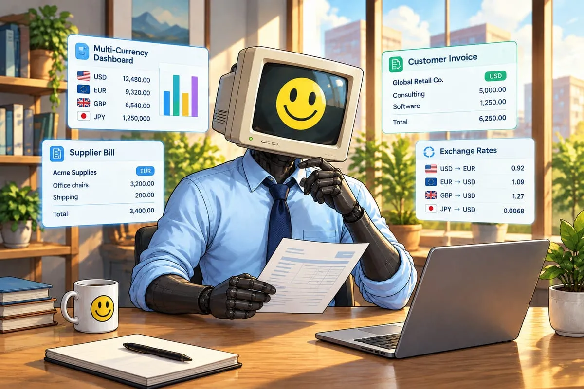 Winston sits at a desk reviewing invoices beside a laptop, with currency dashboards floating around him in an office.