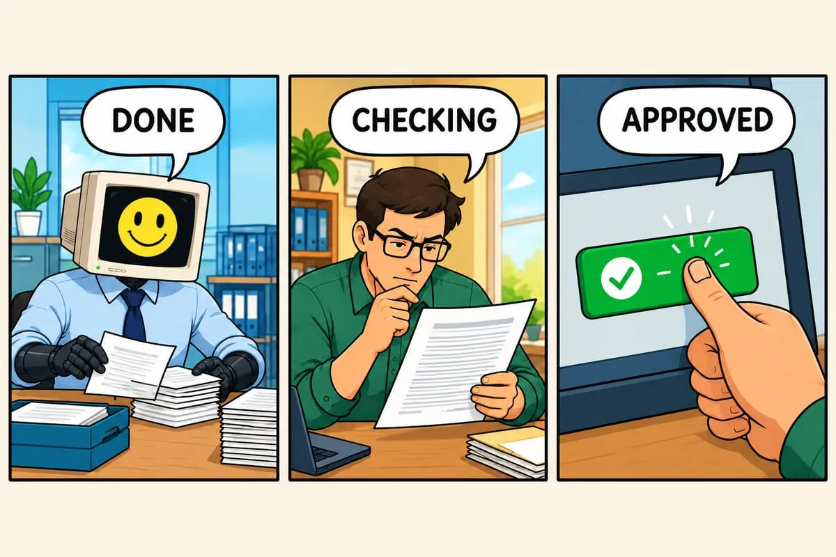 Winston sorts papers at a desk while a man checks a document and a hand presses approve.