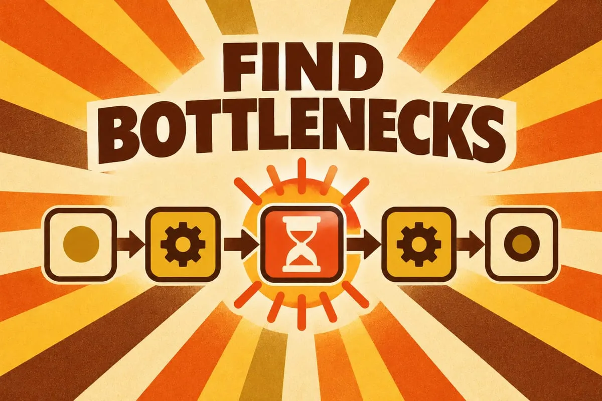 Bold graphic with arrows and icons highlighting a central hourglass and the words Find Bottlenecks.