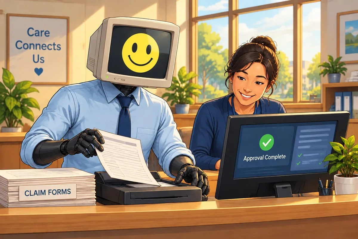 Winston scans claim forms beside a smiling clinic worker at a desk with approval screen.